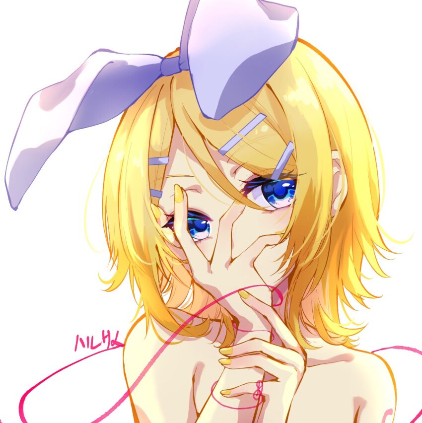 1girl blonde_hair blue_eyes bow collarbone commentary covering_face covering_own_mouth hair_bow half-closed_eyes hand_on_own_face hand_over_own_mouth harusamesyota head_tilt holding_own_wrist kagamine_rin looking_at_viewer medium_hair nude number_tattoo short_hair shoulder_tattoo solo string string_of_fate swept_bangs symbol-only_commentary tattoo topless treble_clef upper_body vocaloid white_bow yellow_nails