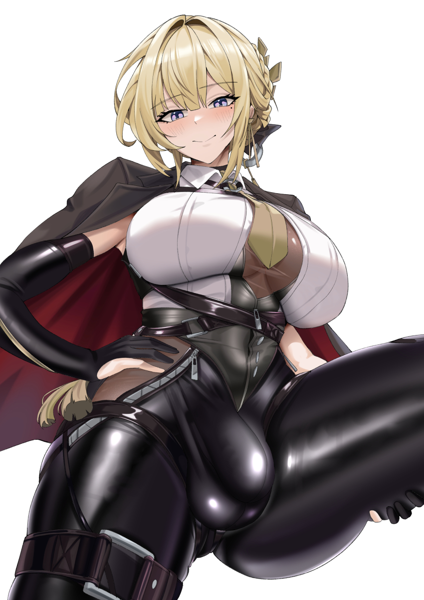 1girl absurdres ass black_gloves blonde_hair blush breasts bulge covered_navel elbow_gloves evelyn_chevalier futanari gloves hand_on_own_hip highres jacket jacket_on_shoulders large_breasts leg_up mole mole_under_eye necktie purple_eyes simple_background smile solo white_background wujack zenless_zone_zero