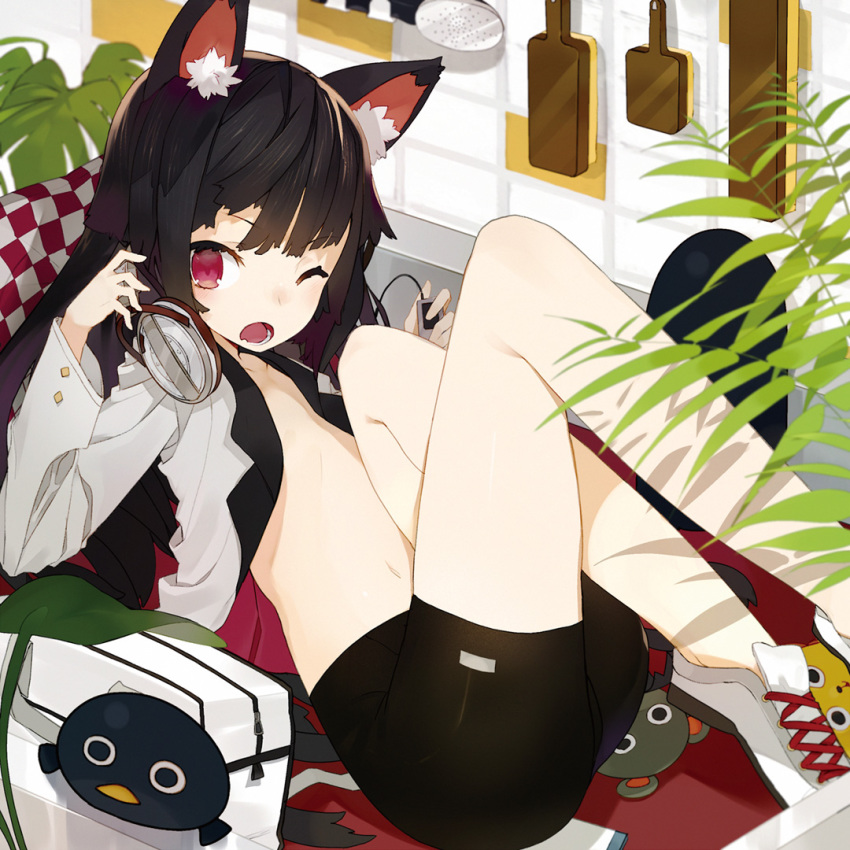 1girl ;o animal_ears bag bare_legs bike_shorts black_hair brush digital_media_player female_focus fern headphones karei_(hirameme) leaning_back legs_up long_hair navel no_bra no_socks one_eye_closed open_clothes open_mouth original pillow plant red_eyes school_bag shoes shower_head solo wink