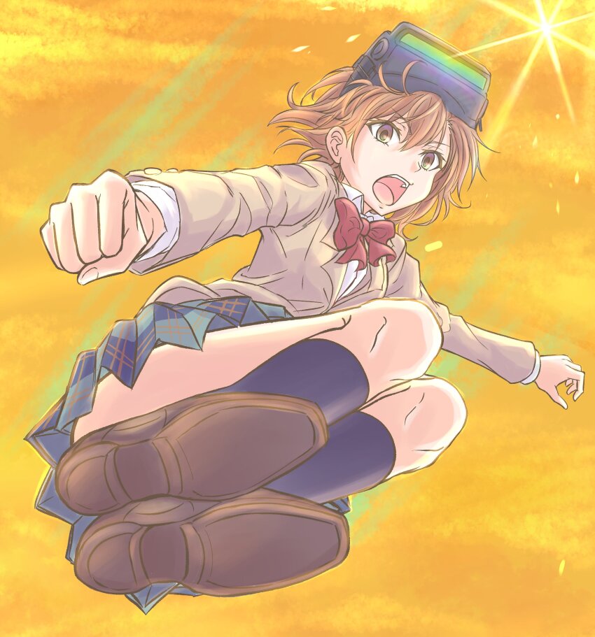 1girl absurdres black_socks bow breasts brown_eyes brown_footwear brown_hair brown_sweater_vest commentary_request drop_kick flying_kick goggles goggles_on_head green_skirt highres incoming_attack incoming_kick kicking komemogoo looking_at_viewer miniskirt misaka_imouto misaka_network_sotai open_mouth pleated_skirt red_bow school_uniform shirt shoe_soles short_hair skirt small_breasts socks solo sweater_vest toaru_majutsu_no_index toaru_majutsu_no_index:_new_testament tokiwadai_school_uniform white_shirt