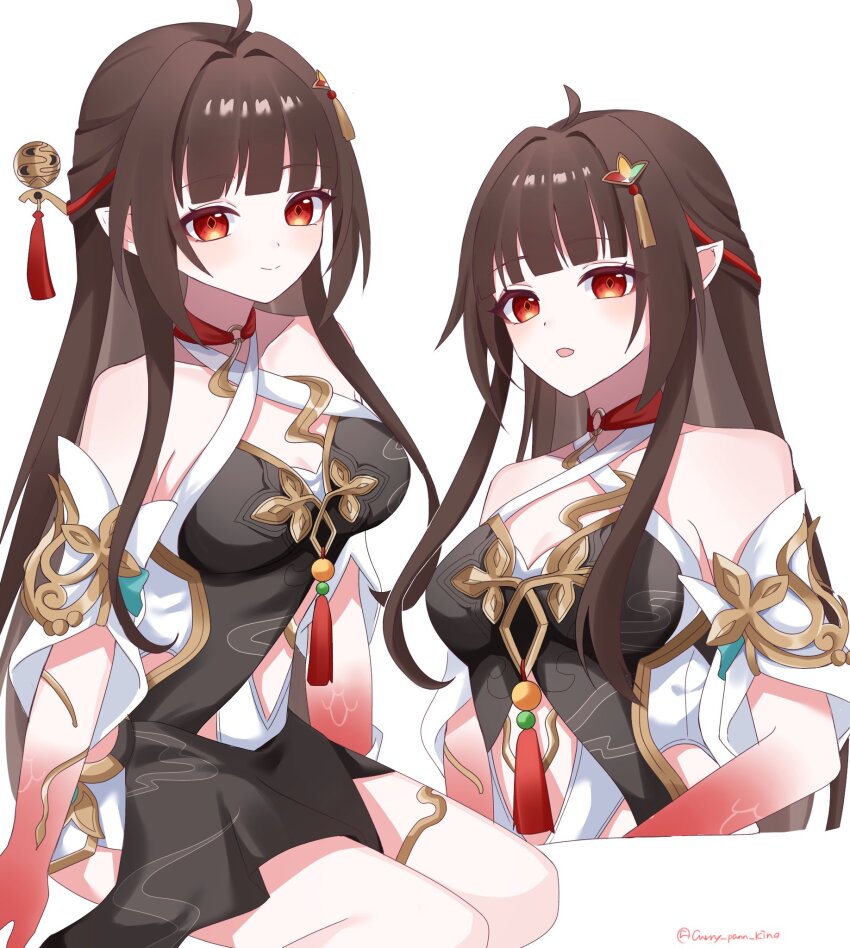 1girl ahoge bare_shoulders black_dress blunt_bangs breasts brown_hair cleavage colored_extremities colored_skin commentary_request criss-cross_halter cropped_torso diamond-shaped_pupils diamond_(shape) dress hair_ornament halterneck highres honkai:_star_rail honkai_(series) kino_(curry_pan) light_blush lingsha_(honkai:_star_rail) long_hair looking_at_viewer medium_breasts multiple_views o-ring parted_lips pointy_ears red_eyes red_skin simple_background sleeveless sleeveless_dress smile symbol-shaped_pupils tassel tassel_hair_ornament twitter_username very_long_hair white_background