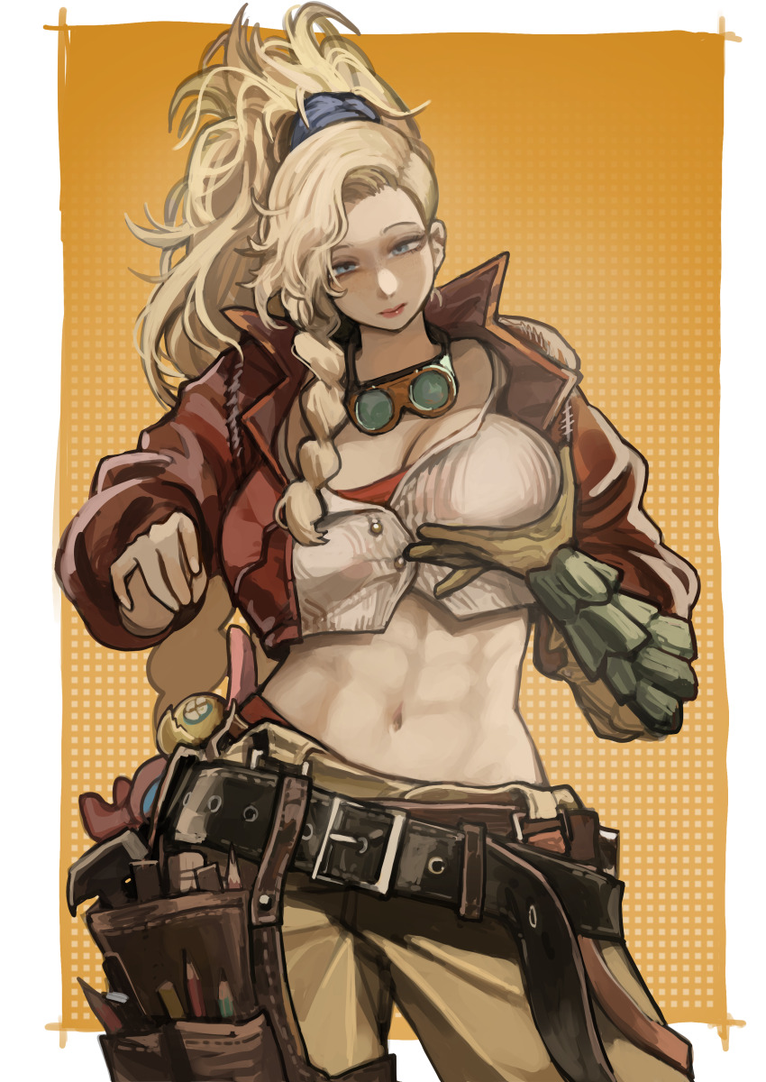 1girl absurdres asymmetrical_hair belt black_belt blonde_hair blue_eyes border breast_lift breasts brown_gloves brown_pants cleavage cowboy_shot crop_top cropped_jacket eyelashes eyewear_around_neck gemma_(monster_hunter_wilds) gloves goggles goggles_around_neck grabbing_own_breast green_scrunchie hammer highres jacket large_breasts leather leather_belt leather_jacket lips long_hair looking_at_viewer miao_jiangyou monster_hunter_(series) monster_hunter_wilds navel open_clothes open_jacket orange_background pants patterned_background pencil ponytail scrunchie solo toned toned_female tool_belt very_long_hair white_border