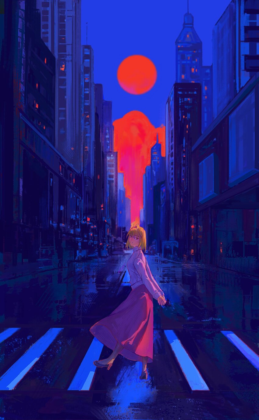 1girl arcueid_brunestud blonde_hair blush city crosswalk dress fucha high_heels highres long_sleeves looking_at_viewer moon purple_dress red_moon road shirt short_hair smile solo solo_focus tsukihime white_shirt