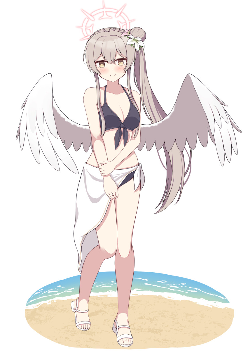 1girl absurdres angel angel_wings beach bikini black_bikini blue_archive breasts full_body halo highres kominato_haru looking_at_viewer midriff nagisa_(blue_archive) ocean sarong smile solo swimsuit white_background wings