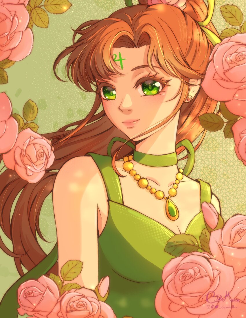 1girl alternate_costume arched_bangs artist_name bare_arms bare_shoulders bishoujo_senshi_sailor_moon breasts brown_hair bud chaendeulleo choker cleavage closed_mouth collarbone earrings floating_hair flower flower_earrings forehead_tattoo gem gold_necklace green_background green_choker green_eyes green_gemstone green_ribbon green_tank_top hair_ribbon high_ponytail highres instagram_logo jewelry kino_makoto leaf light_blush light_particles light_smile long_hair looking_at_viewer low_neckline medium_breasts neck_ribbon necklace number_tattoo pink_flower pink_lips pink_rose ponytail ribbon rose sidelocks signature solo tank_top tattoo tiktok_logo twitter_logo upper_body