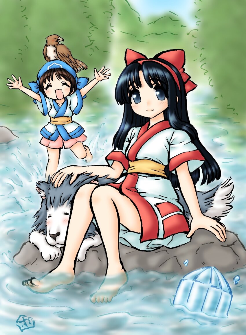 2girls ainu_clothes arm_support arms_up black_hair blue_eyes breasts brown_hair closed_eyes hair_ribbon happy highres legs long_hair looking_at_viewer mamahaha multiple_girls nakoruru open_mouth ribbon rimururu samurai_spirits shikuru short_hair siblings sisters sitting small_breasts smile snk thighs water wolf