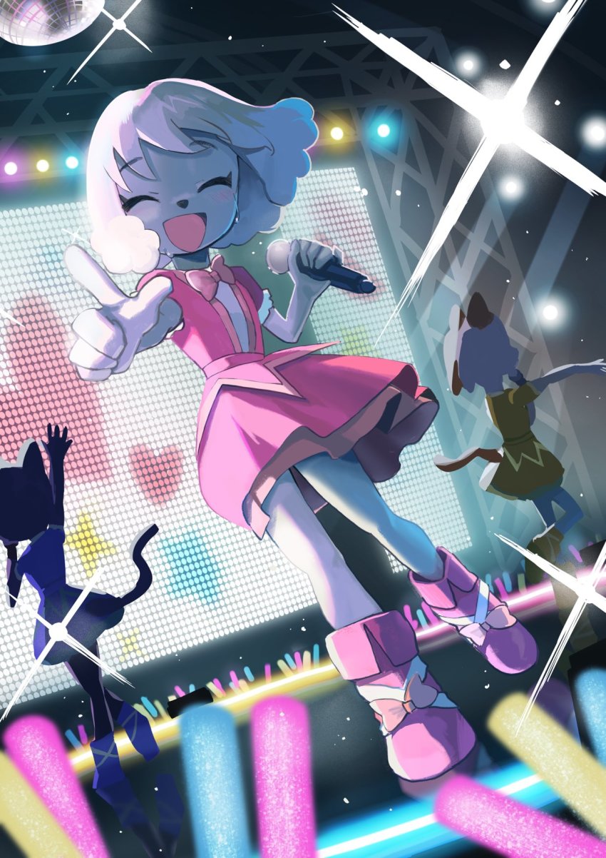 3girls :d animal_ears bow bowtie cat_ears cat_girl cat_tail concert disco_ball dog_girl dress dutch_angle closed_eyes fukuda_(okometani) furry furry_female highres holding holding_microphone ichimura_shiho idol microphone multiple_girls nikaidou_rui odd_taxi open_mouth pink_bow pink_bowtie pink_dress pink_footwear smile stage stage_lights tail wadagaki_sakura