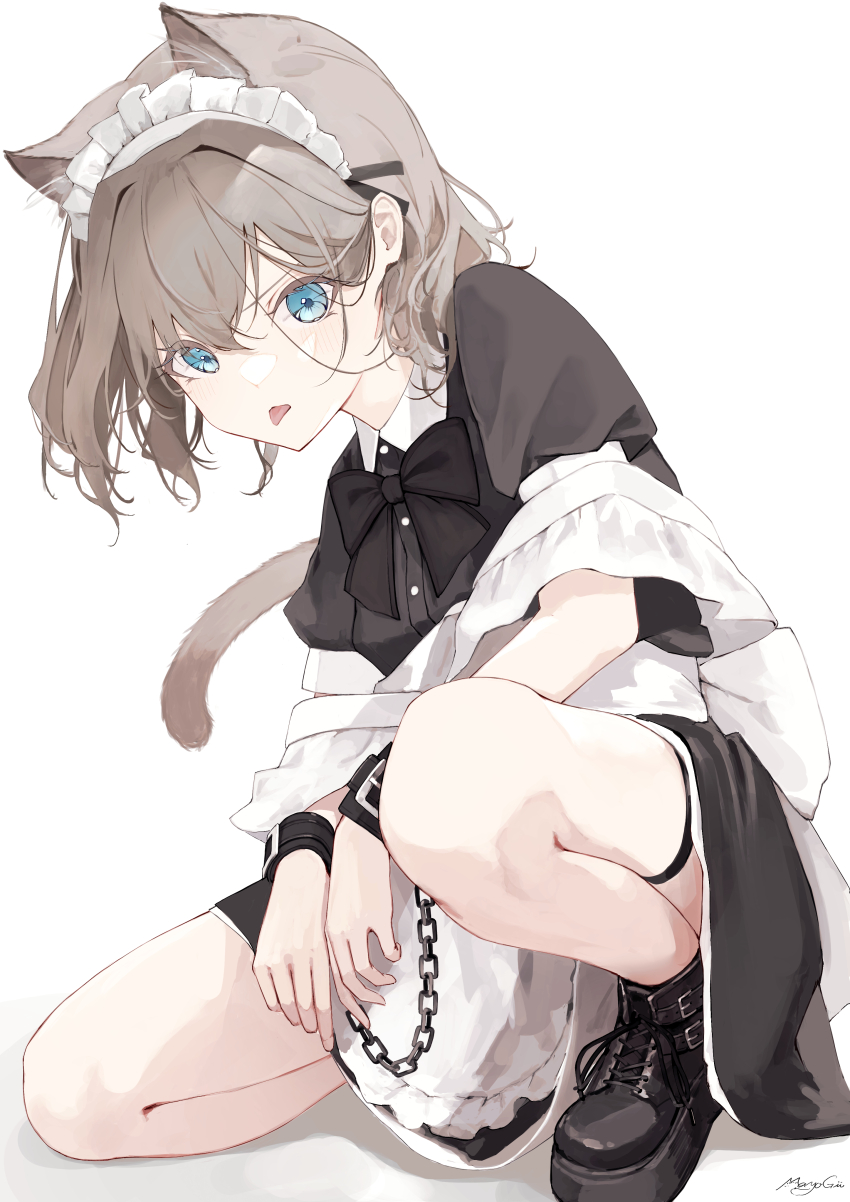 1girl absurdres animal_ears apron black_boots black_bow black_dress blue_eyes boots bow brown_hair cat_ears cat_girl cat_tail chain commentary_request cross-laced_footwear cuffs dress frilled_apron frills hair_between_eyes hair_intakes hair_ornament hairclip highres lace-up_boots looking_at_viewer maid maid_apron maid_headdress mayogii on_one_knee original puffy_short_sleeves puffy_sleeves short_sleeves solo strap_slip tail thigh_strap tongue tongue_out white_apron