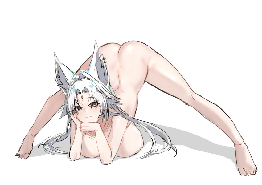 1girl absurdres animal_ear_fluff animal_ears barefoot breasts butt_crack closed_mouth completely_nude earrings feixiao_(honkai:_star_rail) fox_ears fox_girl green_eyes highres honkai:_star_rail honkai_(series) imkay_3 jack-o&#039;_challenge jewelry large_breasts long_hair looking_at_viewer nude simple_background solo top-down_bottom-up white_background white_hair