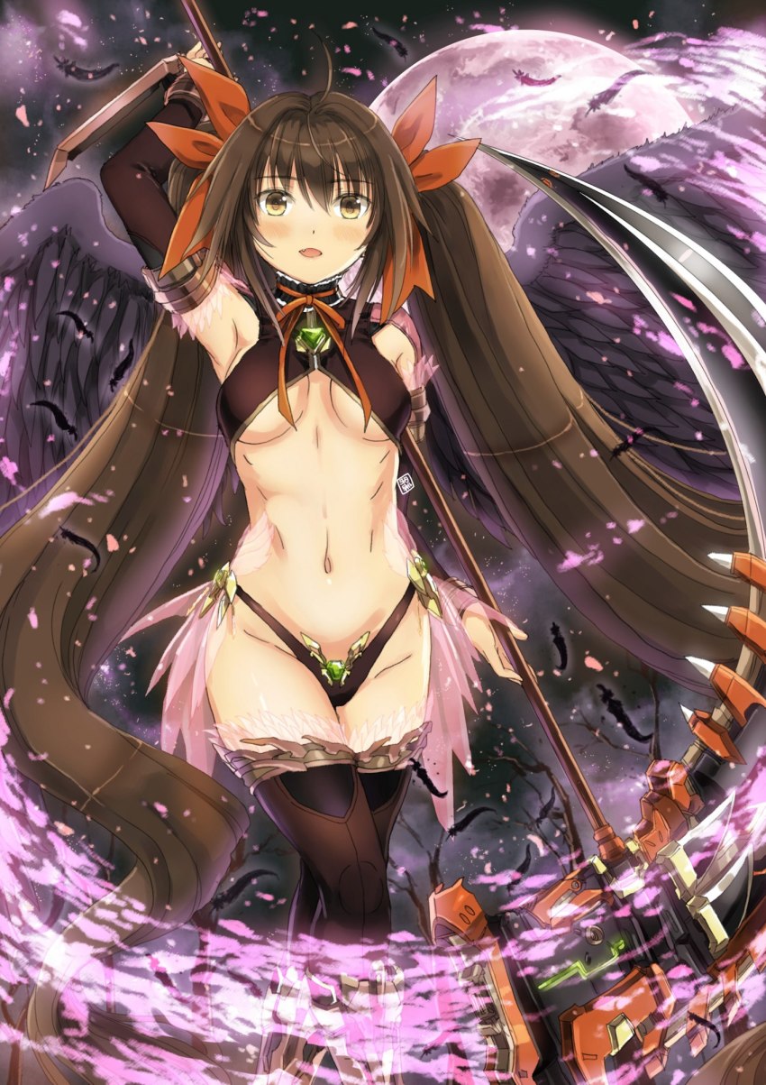 bad_id bad_pixiv_id black_panties blush breasts brown_eyes brown_hair crop_top detached_sleeves feathers garimpeiro highres holding holding_scythe long_hair medium_breasts midriff moon navel open_mouth original panties revealing_clothes scythe solo thighhighs twintails underboob underwear very_long_hair