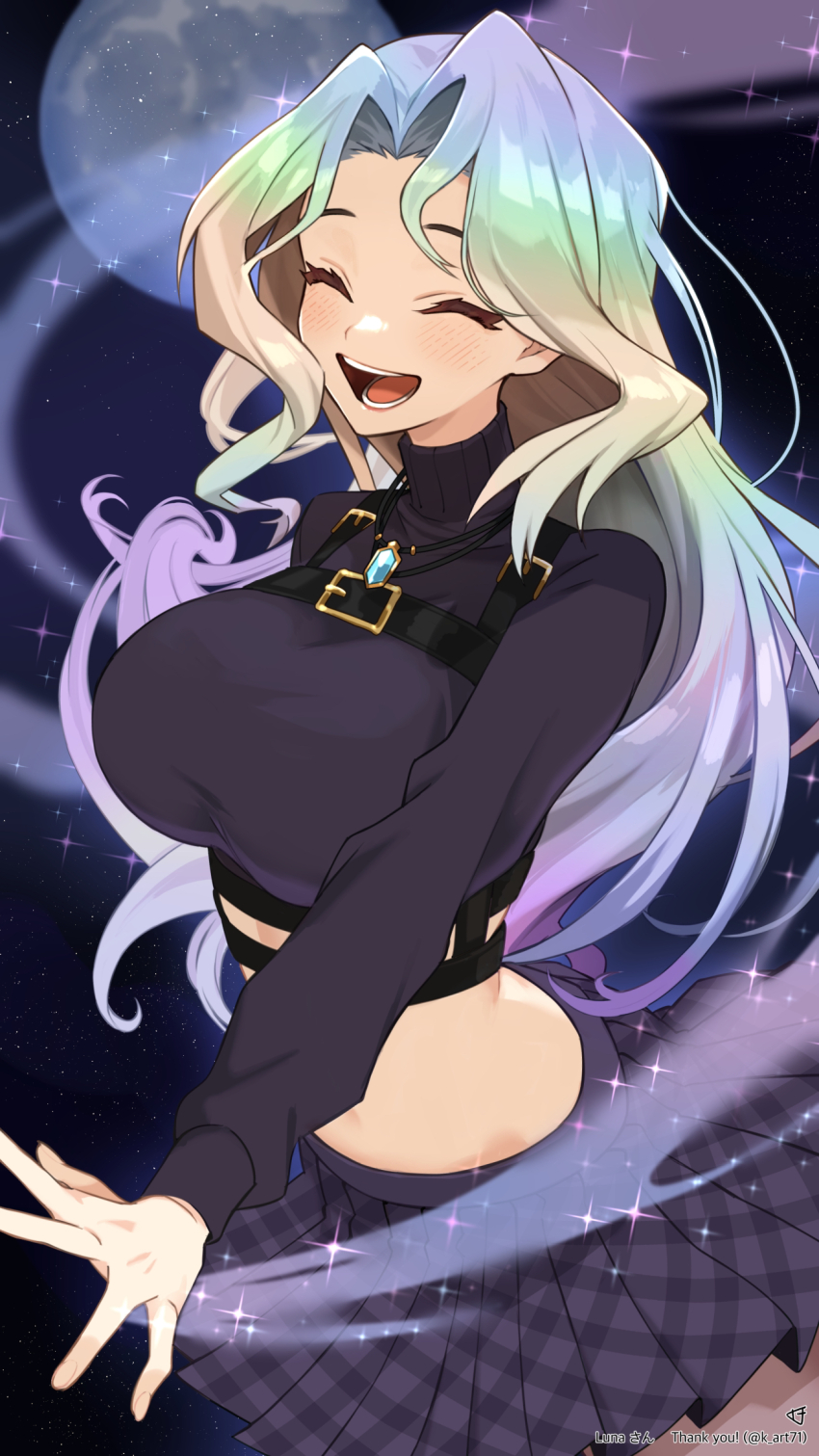 1girl black_hair blonde_hair blue_gemstone blue_hair blush breasts character_name closed_eyes commission cropped_sweater full_moon gem green_hair grey_hair highres indie_virtual_youtuber jewelry k_(art71) large_breasts long_hair luna_lore moon multicolored_hair necklace open_mouth plaid_clothes plaid_skirt pleated_skirt skeb_commission skirt sky sparkle star_(sky) starry_sky sweater turtleneck turtleneck_sweater twitter_username virtual_youtuber