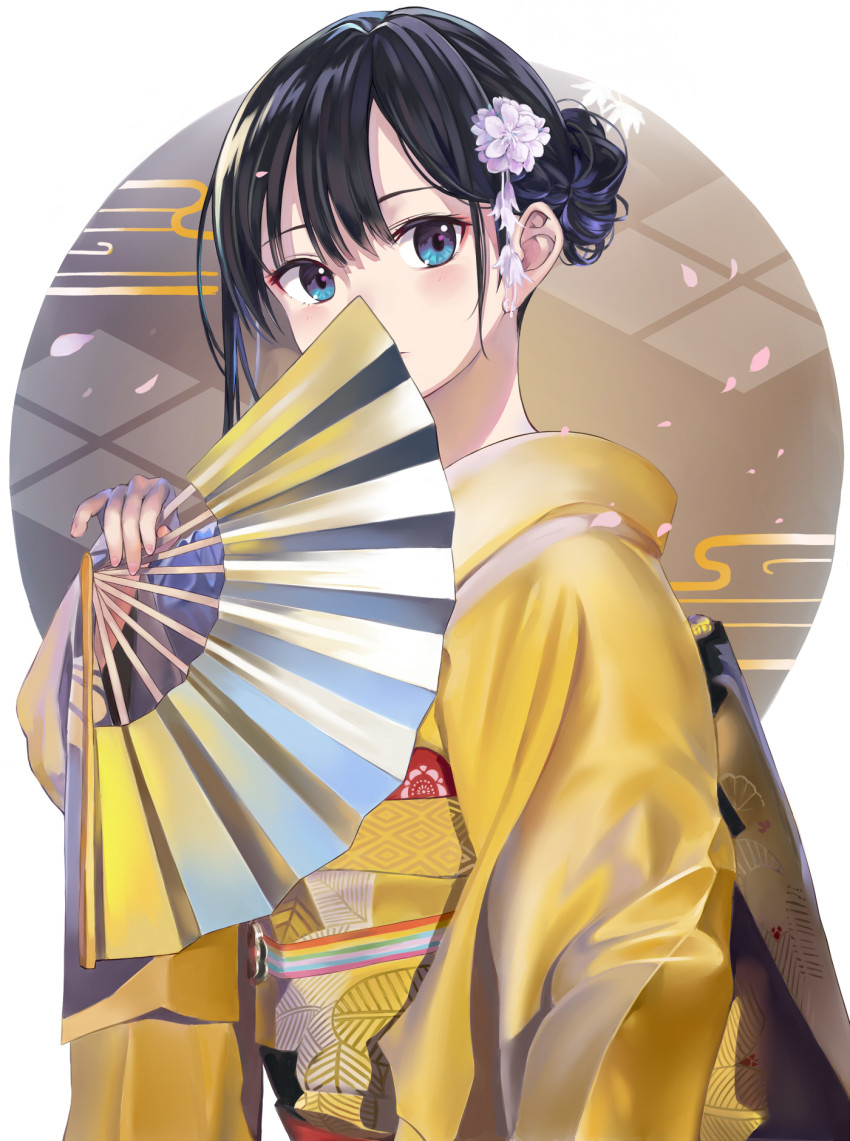 1girl black_hair blue_eyes covering_own_mouth flower hair_bun hair_flower hair_ornament hand_fan highres holding holding_fan japanese_clothes kimono long_hair looking_at_viewer nagiha_kuten original single_hair_bun solo upper_body yellow_kimono