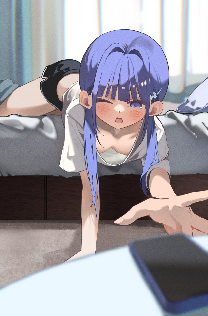 1girl accidental_exposure bent_over black_shorts blue_eyes blush breasts cellphone cleavage collarbone downblouse hayakawa_sena_(pei_iriya) highres leaning_forward long_hair on_bed one_eye_closed open_mouth original pei_iriya phone purple_hair reaching reaching_towards_viewer shirt short_sleeves shorts small_breasts smartphone solo t-shirt twintails