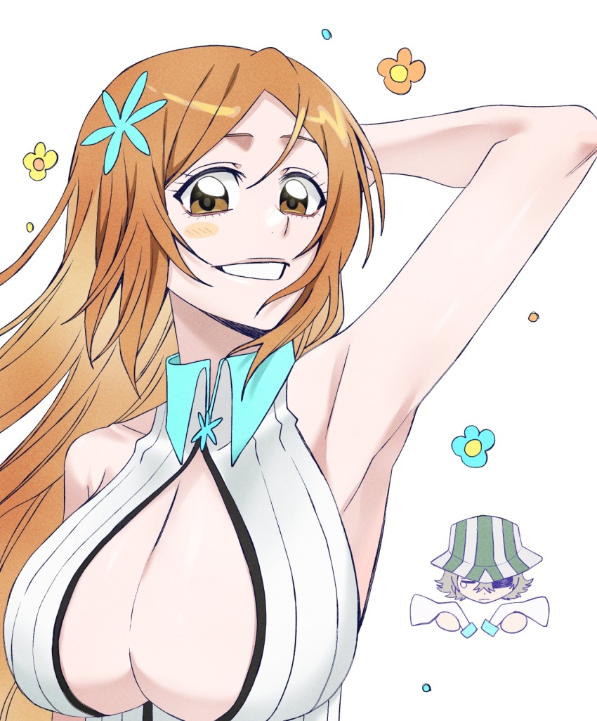 1boy 1girl arms_behind_head bare_shoulders bleach bleach:_sennen_kessen-hen blonde_hair breasts brown_eyes cleavage cleavage_cutout clothing_cutout hair_ornament hairclip hat highres inoue_orihime large_breasts long_hair looking_at_viewer n_(nauki_11) orange_hair teeth urahara_kisuke white_background