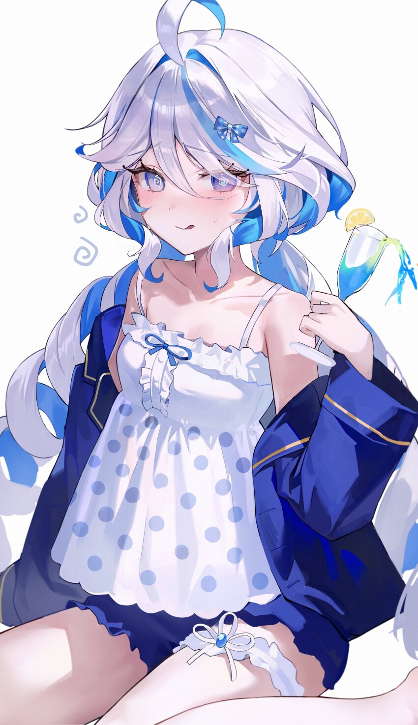 1girl :q @_@ absurdres blue_eyes blue_hair blue_jacket blue_shorts breasts cup food fruit furina_(genshin_impact) genshin_impact hair_between_eyes heterochromia highres holding holding_cup jacket jewelry knowa lemon long_hair long_sleeves looking_at_viewer multicolored_hair shirt shorts small_breasts smile solo streaked_hair tongue tongue_out white_background white_hair white_shirt