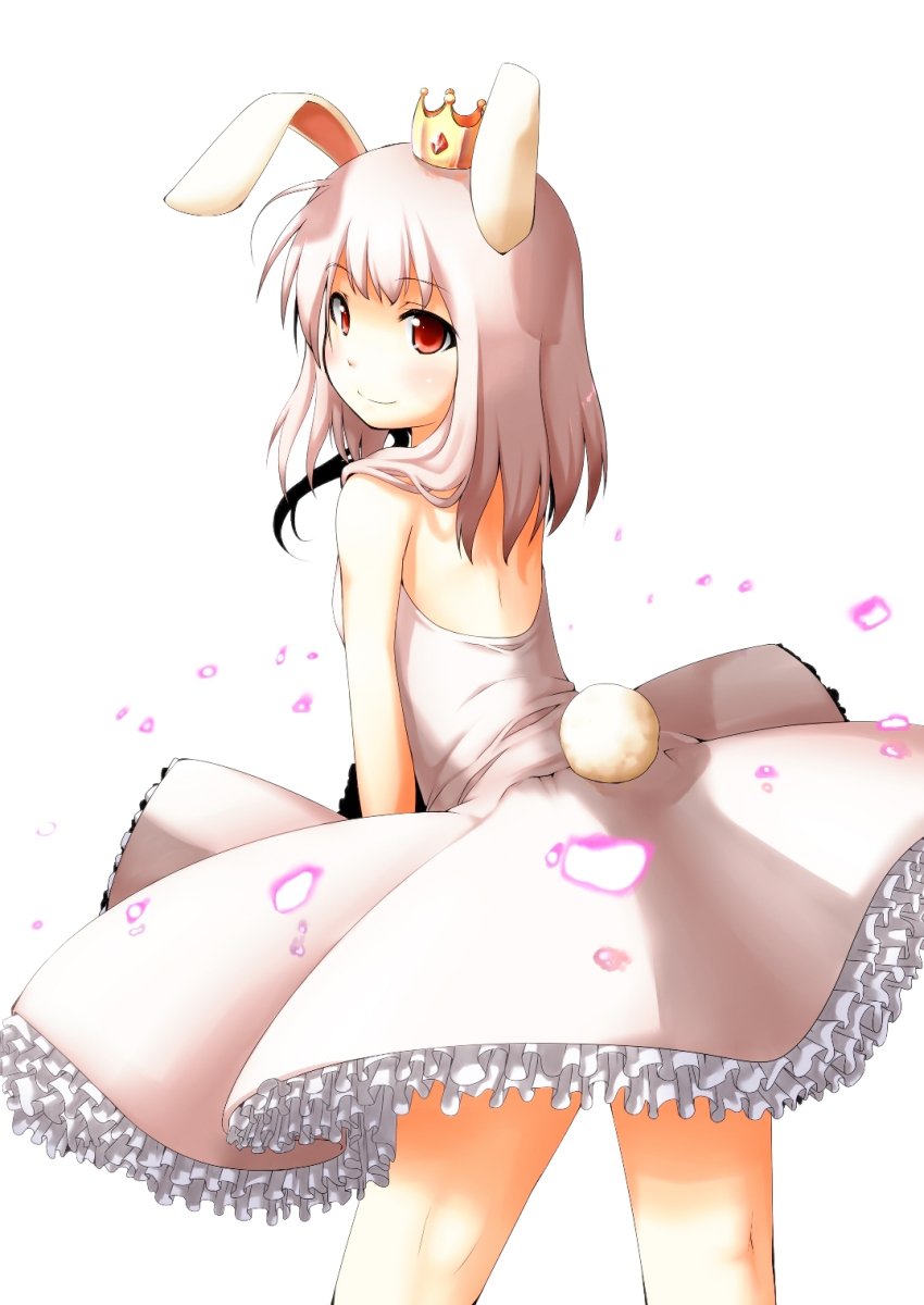 1girl ac_japan aisatsu_no_mahou animal_ears arigato_usagi back bare_shoulders crown dress female_focus from_behind highres long_hair looking_back personification rabbit_ears rabbit_tail red_eyes shima_(sh1mamu) simple_background smile solo tail