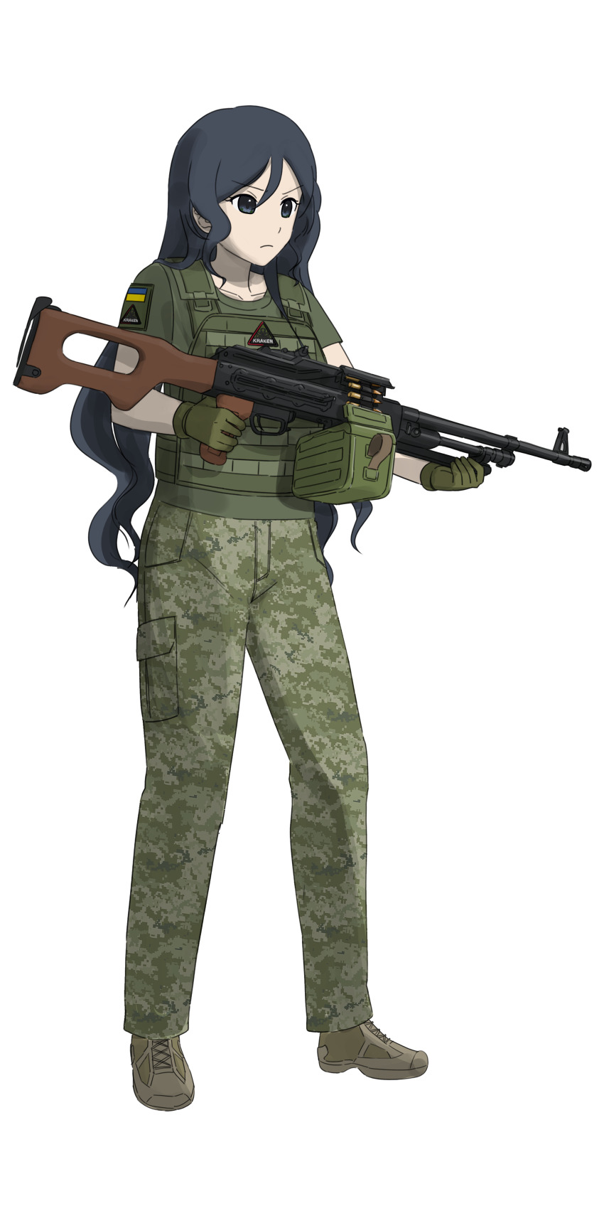 absurdres belt black_cat03 blue_eyes blue_hair boots breasts brown_footwear camouflage camouflage_pants collarbone combat_boots commission commissioner_upload cross-laced_footwear curly_hair determined digital_camouflage frown gloves green_belt green_gloves green_shirt gun highres holding holding_gun holding_weapon kraken_(japanon) kraken_regiment long_hair looking_to_the_side machine_gun medium_breasts military military_patch military_uniform non-web_source original pants patch pkm russo-ukrainian_war shirt short_sleeves soldier transparent_background very_long_hair war weapon white_shirt