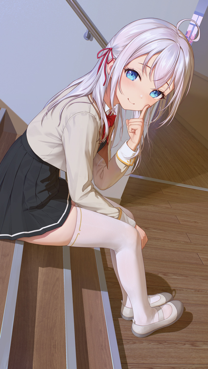 1girl absurdres ahoge alisa_mikhailovna_kujou black_skirt blue_eyes blush bow bowtie brown_shirt closed_mouth collared_shirt commentary highres himitsu_(hi_mi_tsu_2) index_finger_raised indoors long_hair long_sleeves looking_at_viewer pleated_skirt railing red_bow red_bowtie shadow shirt sidelocks sitting skindentation skirt solo stairs thighhighs tokidoki_bosotto_roshia-go_de_dereru_tonari_no_alya-san white_footwear white_thighhighs