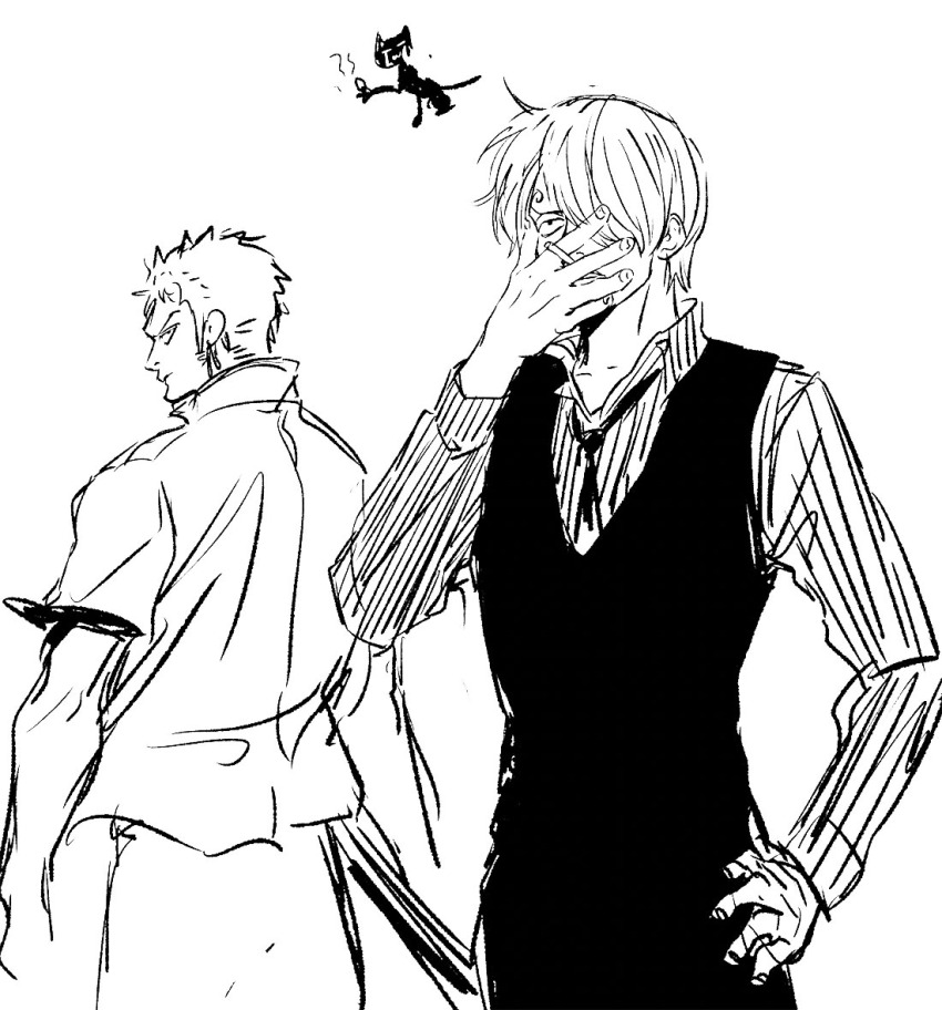 2boys bandana_around_arm chief_(chiefvinsmoke) cigarette collared_shirt curly_eyebrows earrings greyscale hair_over_one_eye hand_on_own_hip holding holding_cigarette jewelry looking_back monochrome multiple_boys necktie one_piece roronoa_zoro sanji_(one_piece) shirt short_hair striped_clothes striped_shirt vertical-striped_clothes vertical-striped_shirt vest waistcoat