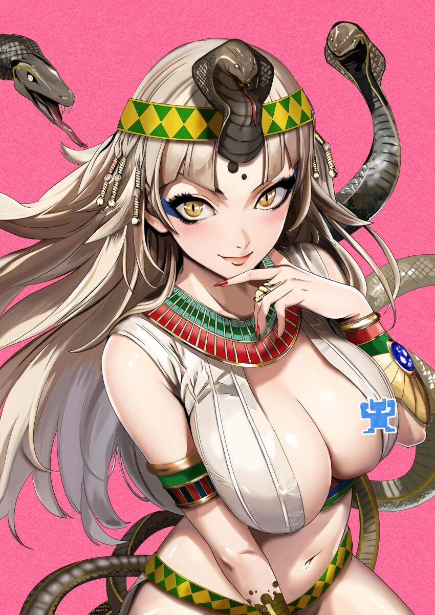 1girl absurdres armlet blunt_bangs braid breasts center_opening cleavage cleopatra cleopatra_(shin_megami_tensei) headband highres jewelry large_breasts macossa navel necklace parted_bangs pink_background red_nails ring shin_megami_tensei shin_megami_tensei_v shin_megami_tensei_v:_vengeance snake yellow_eyes