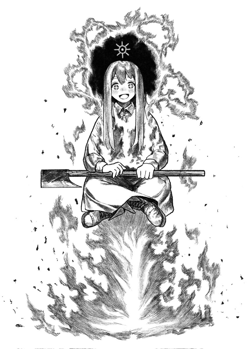 1girl axe boots collared_dress dress fire floating greyscale halo highres holding holding_axe indian_style kilsturgeon levitation magic monochrome original pyrokinesis simple_background sitting smile star-shaped_pupils star_(symbol) symbol-shaped_pupils white_background white_dress