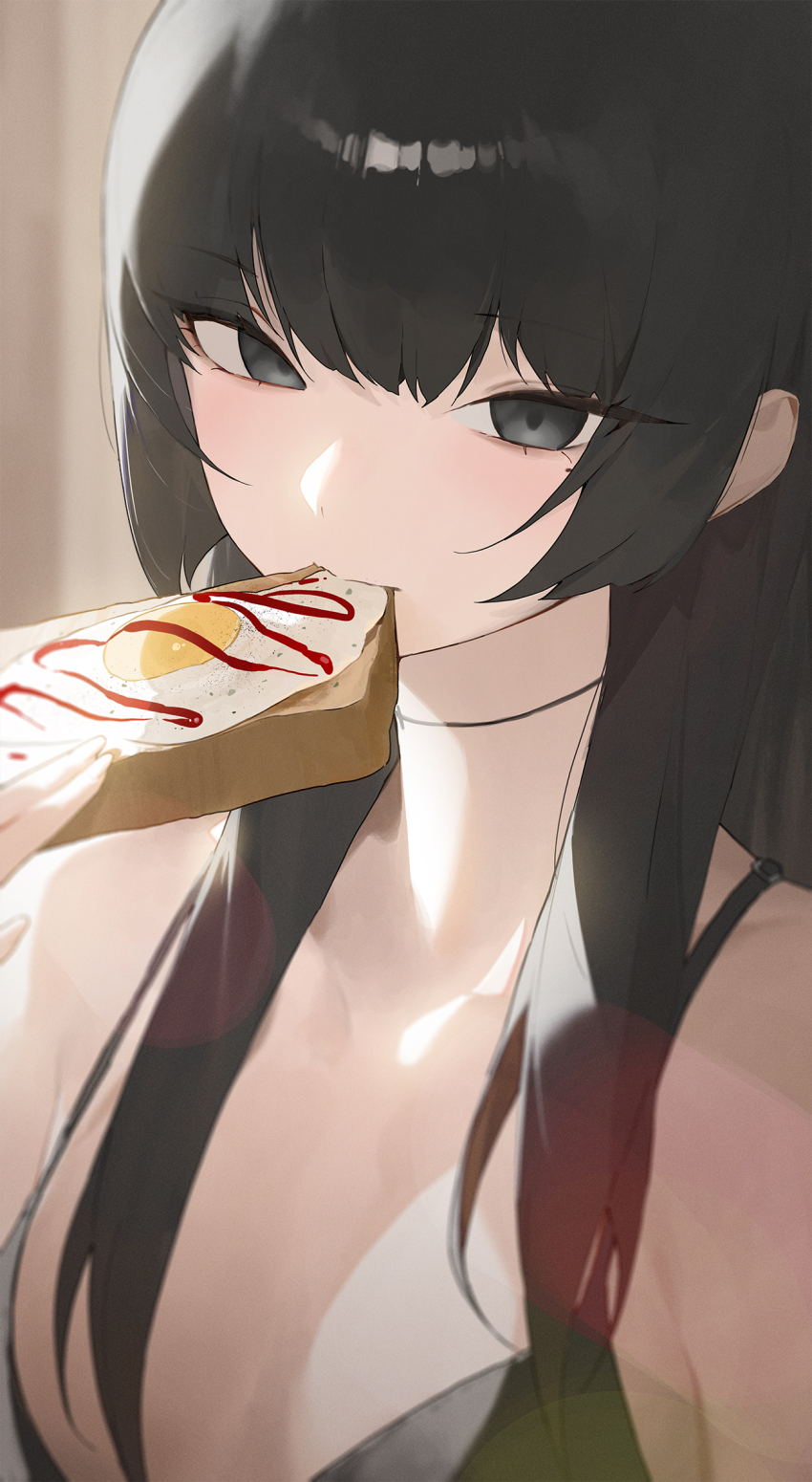 1girl bare_shoulders biting black_camisole black_eyes black_hair bread bread_slice camisole eating food highres ketchup kji_(rozo) long_hair looking_at_viewer original softboiled_egg