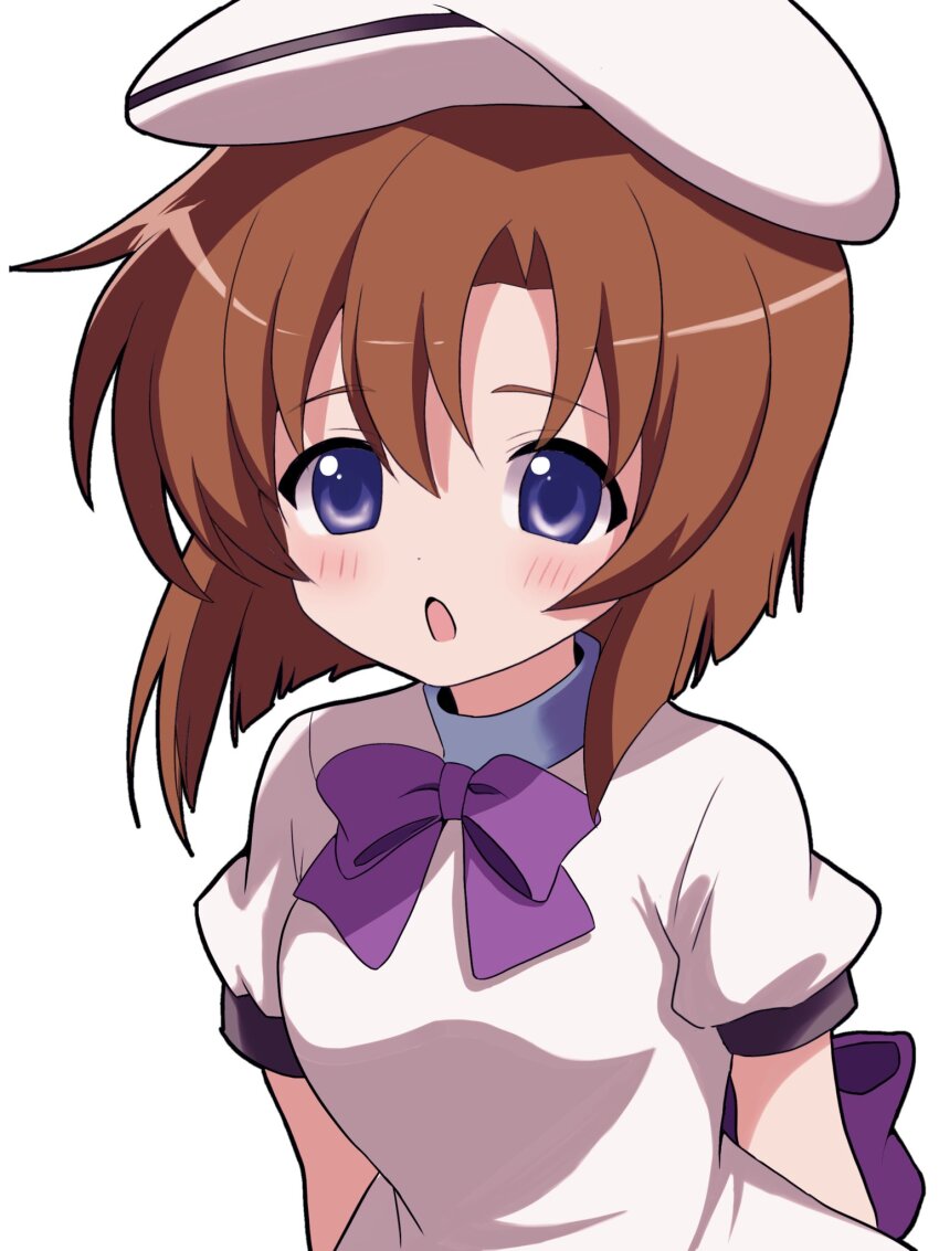 1girl :o back_bow beret blue_eyes blunt_ends blush bow bowtie commentary_request dress hair_between_eyes hat highres higurashi_no_naku_koro_ni looking_at_viewer medium_hair niyane open_mouth orange_hair puffy_short_sleeves puffy_sleeves purple_bow purple_bowtie ryuuguu_rena short_sleeves solo tareme upper_body white_dress white_hat