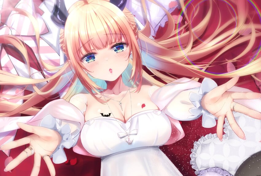 1girl absurdres bare_shoulders blonde_hair blue_eyes blush breast_tattoo breasts cleavage collarbone commentary_request demon_girl demon_horns heart heart-shaped_pupils heart_pendant highres hololive horns jacket jewelry large_breasts nightgown oekaki_zombie off_shoulder official_alternate_costume outstretched_arms puckered_lips reaching reaching_towards_viewer ring see-through_clothes see-through_jacket solo symbol-shaped_pupils tattoo upper_body virtual_youtuber white_jacket white_nightgown winged_heart_tattoo yuzuki_choco yuzuki_choco_(sleepwear)