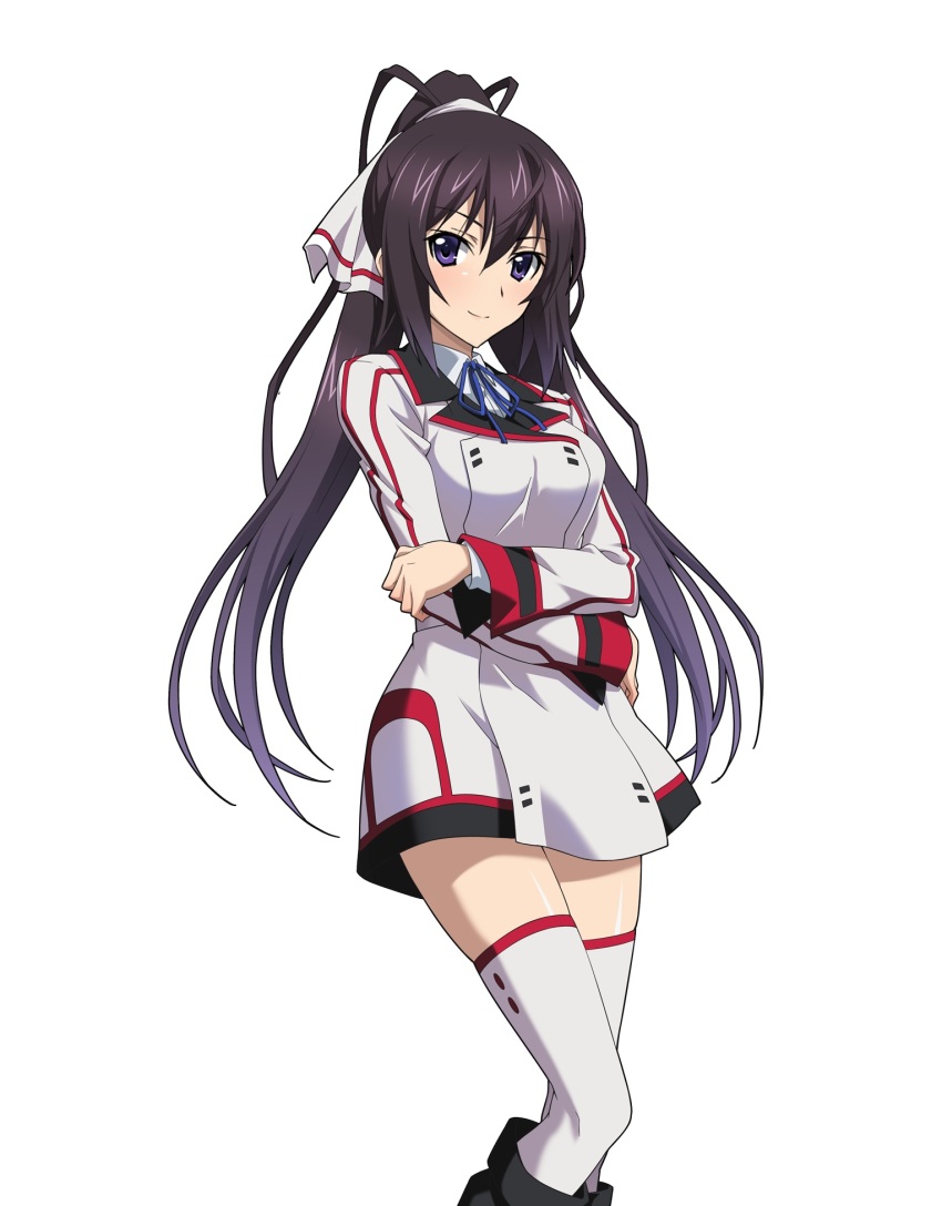 1girl black_hair blue_eyes blue_ribbon crossed_arms female_focus hair_between_eyes hair_ribbon high_ponytail highres infinite_stratos long_hair looking_at_viewer military military_uniform miniskirt neck_ribbon ribbon shinonono_houki simple_background skirt smile solo standing thighhighs very_long_hair white_background white_ribbon white_thighhighs