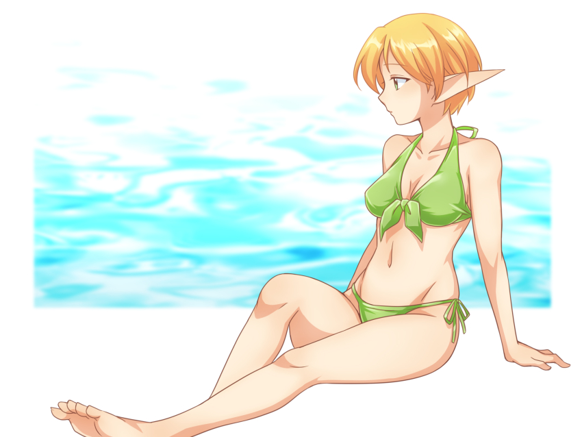 1girl bare_shoulders barefoot bikini border breasts collarbone commentary_request gensou_suikoden gensou_suikoden_iv green_bikini green_eyes ham_pon highres medium_breasts ocean orange_hair paula_(suikoden) pointy_ears short_hair side-tie_bikini_bottom solo swimsuit water white_border