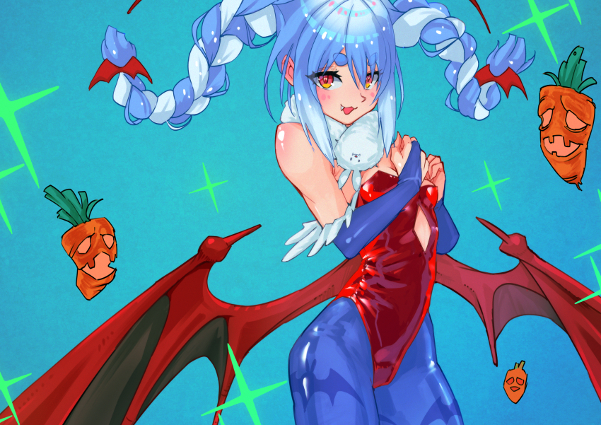 1girl :3 :d alternate_costume animal_print bat_ornament bat_print bat_wings blue_background blue_bridal_gauntlets blue_hair blue_pantyhose braid breasts carrot clenched_hand cosplay cowboy_shot cutout_above_navel darkstalkers diamond_cutout don-chan_(usada_pekora) fang fur_scarf hands_on_own_chest hands_up head_out_of_frame highleg highleg_leotard highres hololive leotard lilith_(darkstalkers) lilith_(darkstalkers)_(cosplay) looking_at_viewer low_wings multicolored_hair off-shoulder_leotard open_mouth orange_eyes pantyhose parted_hair possessed print_pantyhose rabbit_girl red_eyes red_leotard red_wings sarad_udon shiny_clothes sidelocks simple_background small_breasts smile solo sparkle thick_eyebrows three_quarter_view twin_braids two-tone_eyes two-tone_hair usada_pekora virtual_youtuber white_hair wings