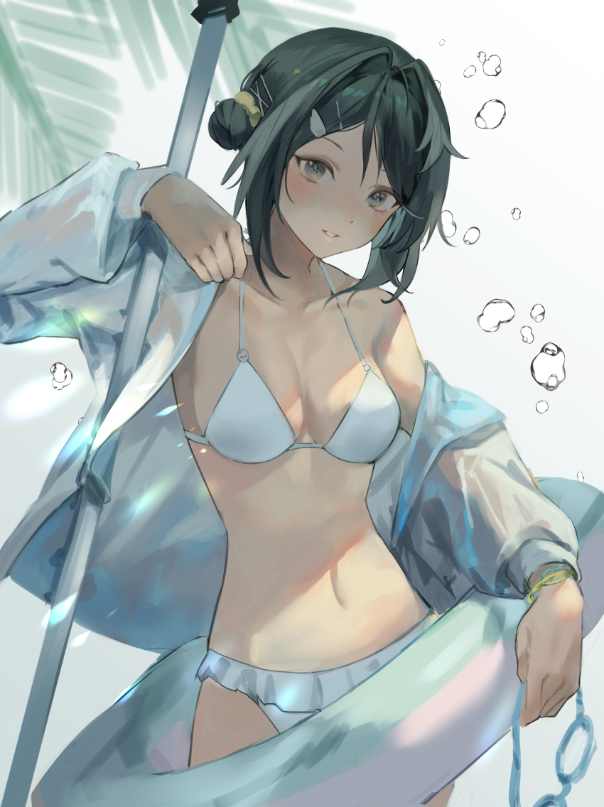 1girl absurdres arknights bare_shoulders bikini black_hair breasts commentary_request cowboy_shot erulusyro grey_background grey_eyes highres innertube jacket la_pluma_(arknights) la_pluma_(summer_flowers)_(arknights) looking_at_viewer medium_breasts navel off_shoulder official_alternate_costume open_clothes open_jacket parted_lips short_hair solo standing stomach swim_ring swimsuit white_bikini white_jacket