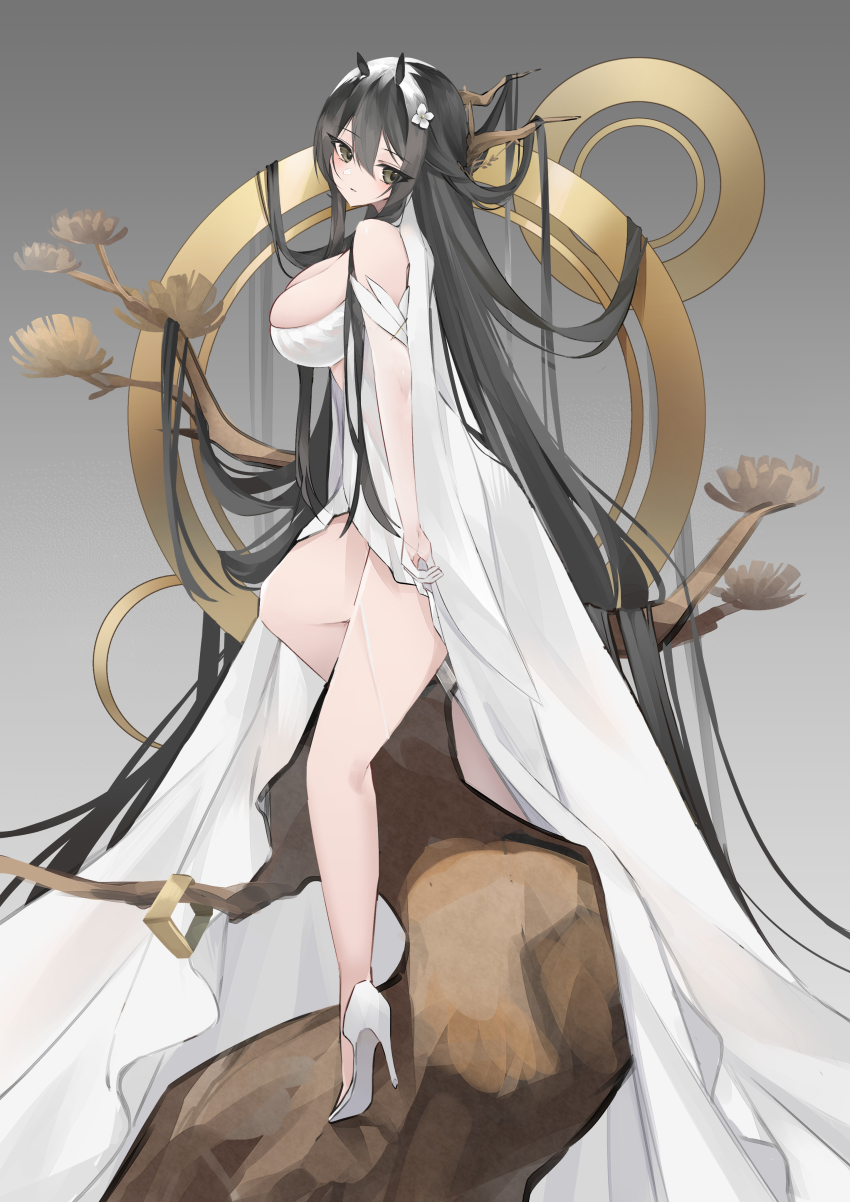 1girl absurdly_long_hair absurdres azur_lane black_hair breasts dress ebichiri_sunday flower full_body green_eyes hair_flower hair_ornament hair_spread_out high_heels highres indomitable_(azur_lane) large_breasts long_dress long_hair looking_to_the_side shoes sleeveless sleeveless_dress solo very_long_hair white_dress white_flower white_footwear