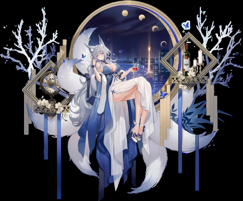 1girl animal_ear_fluff animal_ears ass azur_lane bare_shoulders blue_dress blue_eyes bottle branch breasts bug butterfly choker cleavage closed_mouth cup dress drinking_glass feather_boa fox_ears fox_girl fox_tail full_body hair_ornament hand_up high_heels highres holding holding_cup insect invisible_chair kitsune kyuubi large_breasts large_tail long_dress long_hair looking_at_viewer moon_phases multiple_tails official_alternate_costume official_art revision shinano_(azur_lane) shinano_(dreams_of_the_hazy_moon)_(azur_lane) silver_hair sitting soaryuna solo tail thighs transparent_background two-tone_dress very_long_hair white_footwear wine_bottle wine_glass