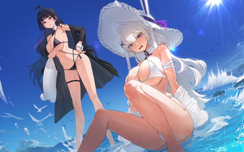 2girls :o absurdres ahoge animal_hat arm_support bikini bird black_bikini black_coat black_hair blue_sky blush breasts coat commentary contrail day detached_collar feet_out_of_frame hair_ornament halterneck hat highres innertube knees_up large_breasts long_hair long_sleeves looking_at_viewer multicolored_hair multiple_girls navel ocean off_shoulder open_clothes open_coat open_mouth original outdoors parted_lips purple_eyes purple_hair rabbit_hat rock side-tie_bikini_bottom sitting sky standing streaked_hair string_bikini sun sun_hat swim_ring swimsuit symbol-only_commentary thigh_strap tonki underboob very_long_hair wading water water_drop wavy_mouth wet white_bikini white_bird white_hair white_hat white_wrist_cuffs wrist_cuffs x_hair_ornament