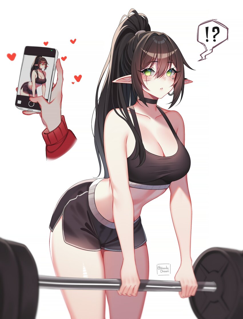 !? 1girl absurdres barbell bare_shoulders black_choker black_hair black_sports_bra blush breasts cellphone choker choppy_bangs cleavage collarbone dolphin_shorts elf green_eyes highres indie_virtual_youtuber large_breasts layna_lazar leaning_forward light_blush long_hair noodychaan phone pointy_ears ponytail shorts sidelocks signature simple_background speech_bubble spoken_interrobang sports_bra sportswear upper_body virtual_youtuber white_background