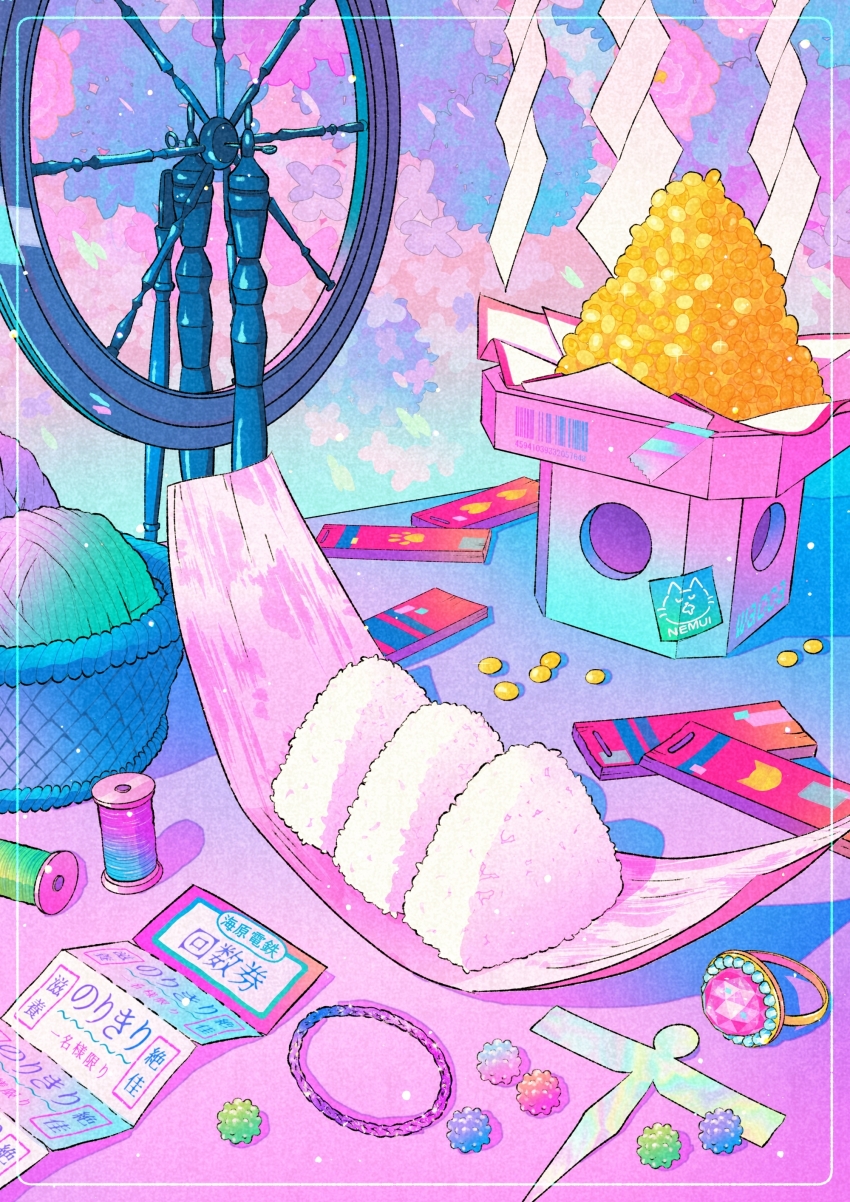 absurdres barcode bracelet candy food highres jewelry neon_palette no_humans onigiri original rice ring spinning_wheel still_life thread wacca005 yarn yarn_ball