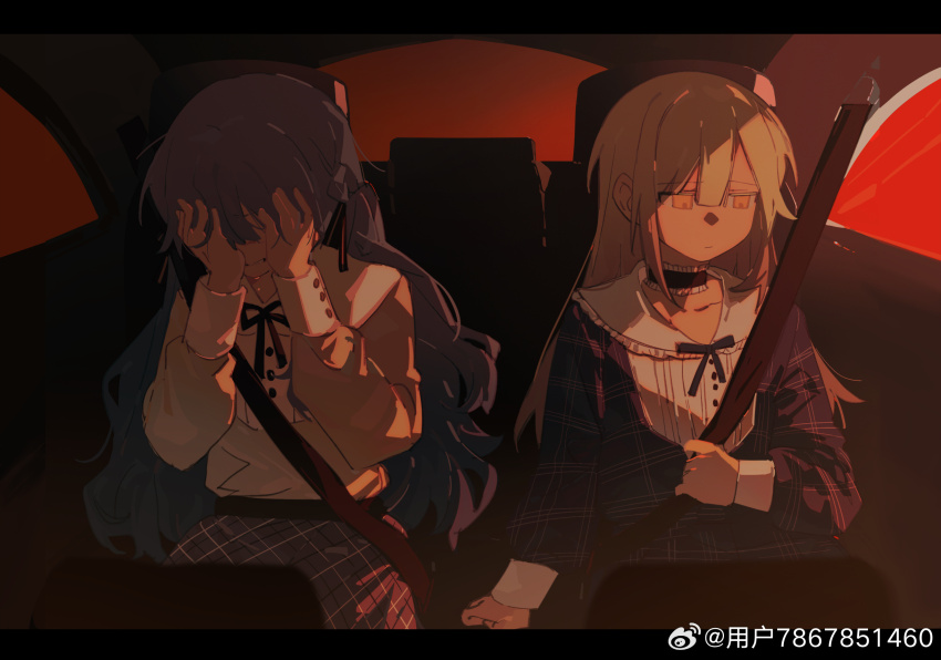 1088888888 2girls bang_dream! bang_dream!_it&#039;s_mygo!!!!! black_ribbon blue_dress blue_hair car_interior choker closed_mouth collared_dress collared_shirt commentary covering_face dress frilled_choker frills grey_skirt hair_ribbon hands_on_own_face hashtag-only_commentary highres letterboxed long_hair long_sleeves looking_down multiple_girls neck_ribbon plaid_clothes plaid_dress ribbon sad seatbelt shirt sidelocks sitting skirt togawa_sakiko two_side_up wakaba_mutsumi watermark weibo_watermark yellow_eyes yellow_shirt