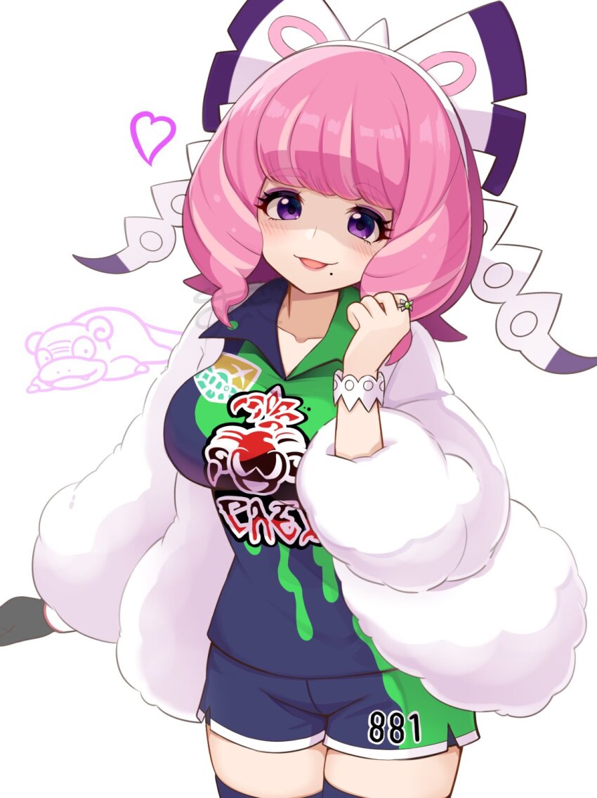 1girl black_gloves blush breasts butterfly_hair_ornament collarbone collared_shirt commentary creatures_(company) fur_jacket galarian_form galarian_slowpoke game_freak gen_8_pokemon gloves green_shirt green_shorts hair_ornament hairband heart highres jacket jewelry klara_(pokemon) large_breasts looking_at_viewer medium_hair mole mole_under_eye multicolored_hair nintendo open_mouth pink_hair pokemon pokemon_(creature) pokemon_swsh print_shirt purple_eyes purple_shirt purple_shorts purple_thighhighs qixi_cui_xing ring shaded_face shirt shorts signature simple_background single_glove smile streaked_hair thighhighs thighs two-tone_shirt two-tone_shorts white_background white_hairband white_jacket white_wrist_cuffs wrist_cuffs