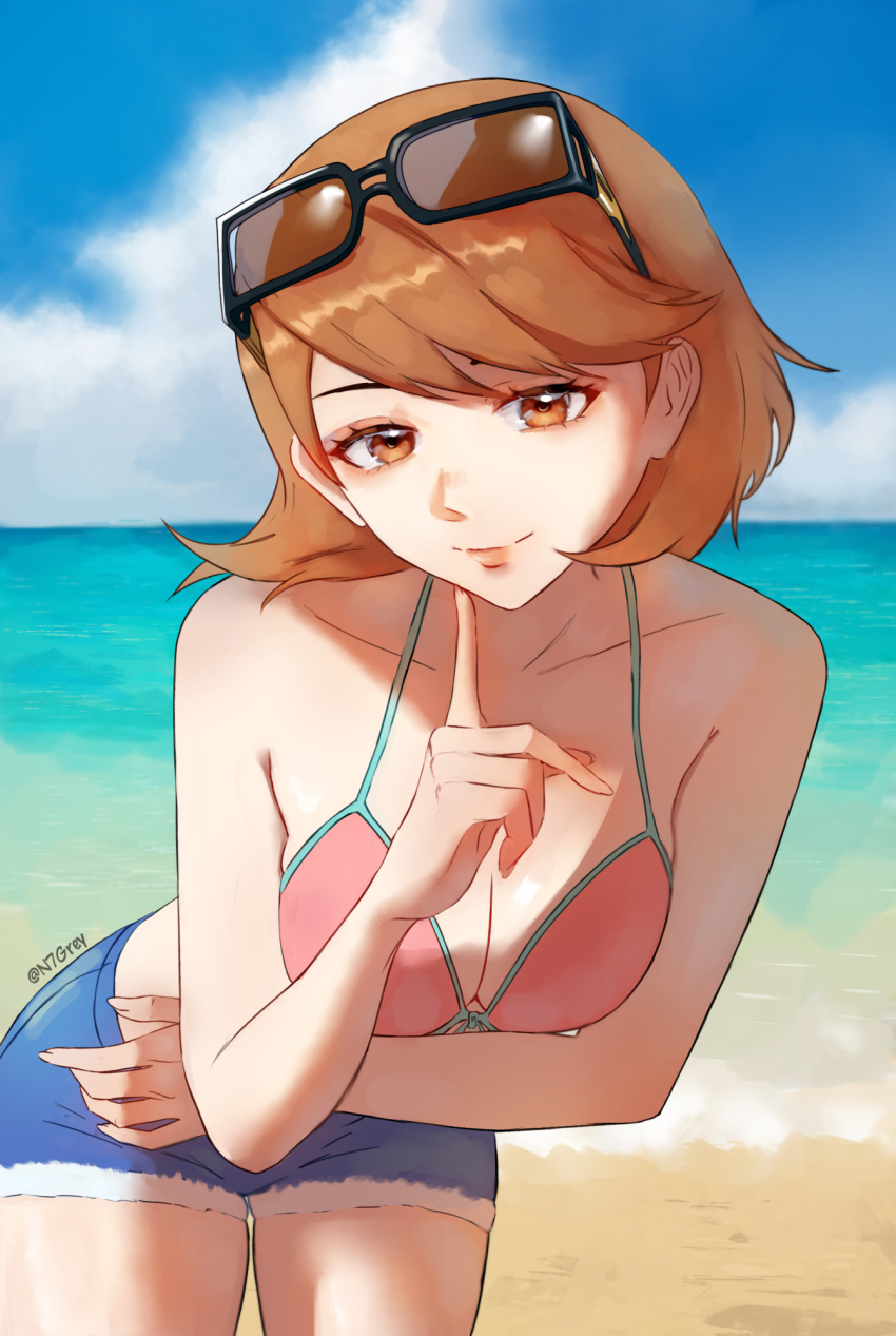 beach bikini bikini_top_only breasts brown_eyes brown_hair highres large_breasts n7grey official_alternate_costume persona persona_3 pink_bikini short_hair short_shorts shorts smile sunglasses swimsuit takeba_yukari