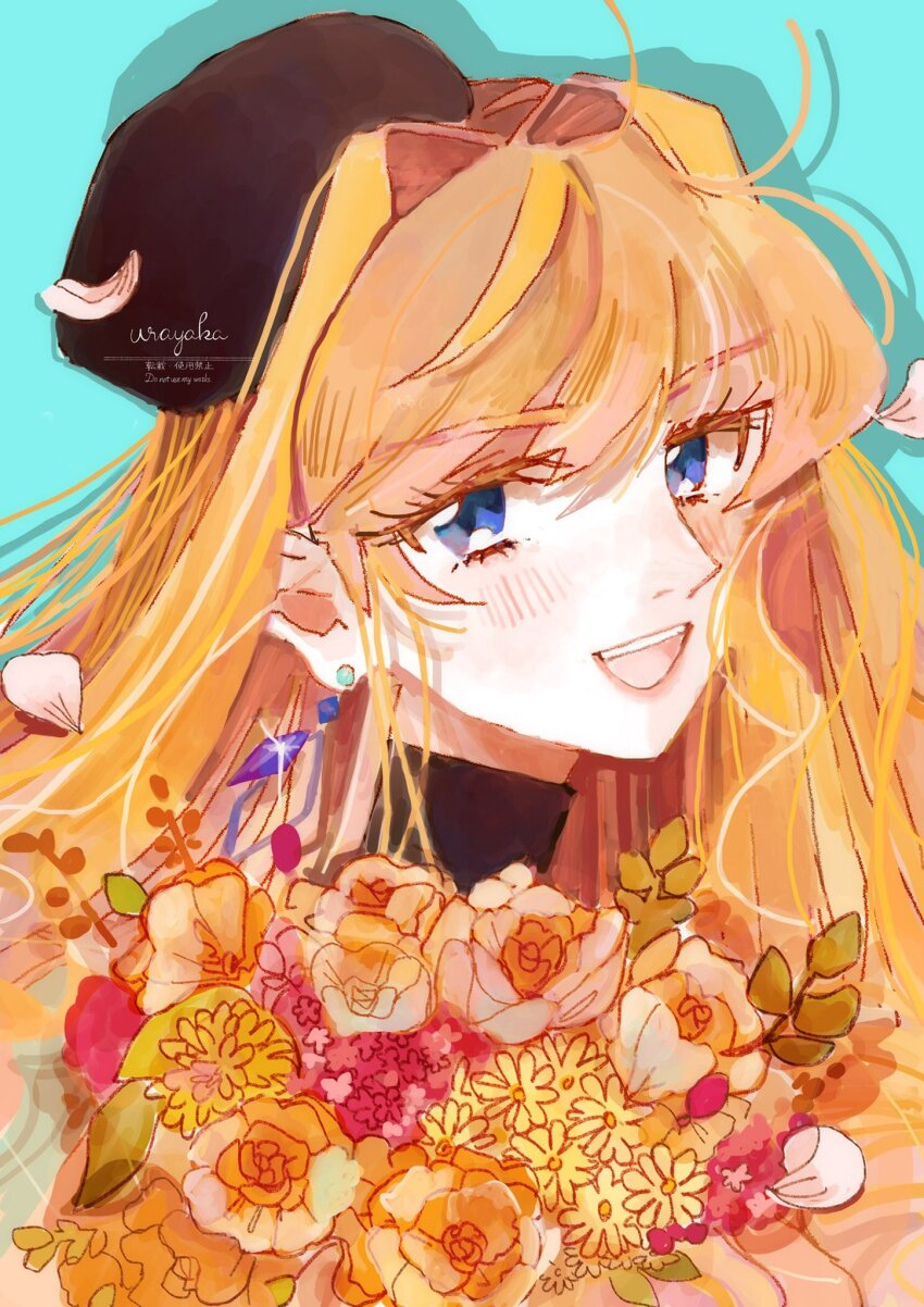 1girl artist_name birthday black_hat blonde_hair blue_background blue_eyes blunt_bangs bouquet commentary_request drop_shadow earrings eyelashes falling_petals flower from_side glint hat highres jewelry long_hair looking_at_viewer macross macross_frontier mini_hat open_mouth petals sheryl_nome single_earring smile solo thick_eyebrows turtleneck upper_body urayaka