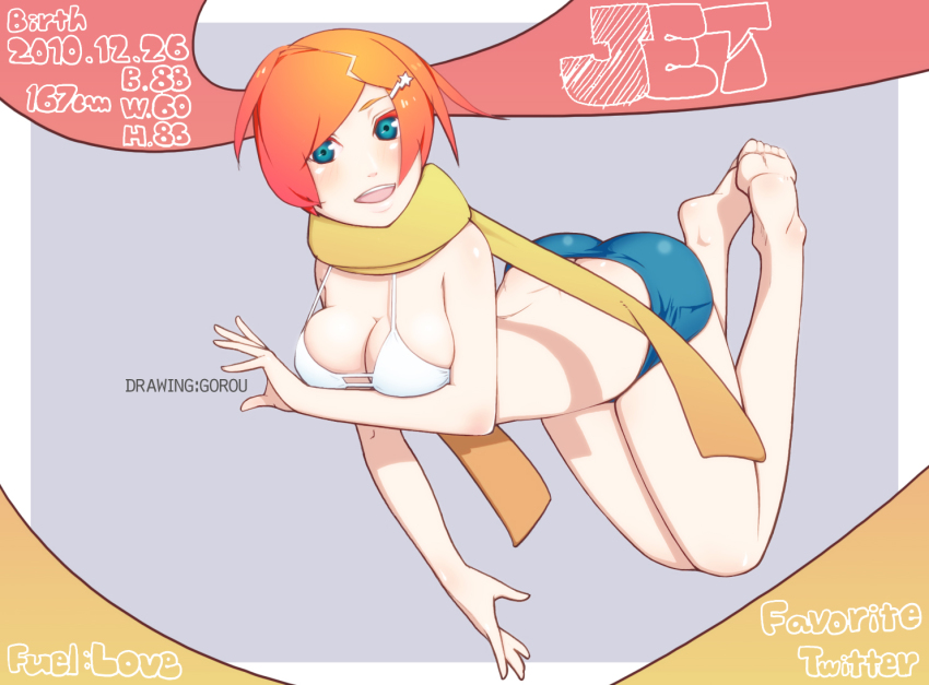 1girl :d bad_id bad_pixiv_id barefoot bikini bikini_top_only blue_eyes breasts cleavage feet female_focus gorou-ya hair_ornament hairclip happy legs medium_breasts open_mouth orange_hair original scarf short_hair shorts smile solo swimsuit