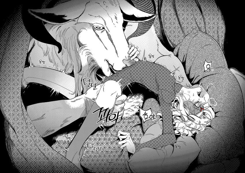 1boy animal arched_back blood blush crying crying_with_eyes_open demon drooling dungeon_meshi elf forced goat goat_(dungeon_meshi) hand_on_another&#039;s_face head_grab highres horizontal_pupils horns korean_text leg_grab licking licking_stomach long_sleeves lying male_focus medium_hair mithrun monochrome monster nonda_(user_jrtx4528) on_back oversized_animal pointy_ears pushing pushing_away restrained scared spot_color symbol-shaped_pupils tears tongue tongue_out wavy_hair wide-eyed