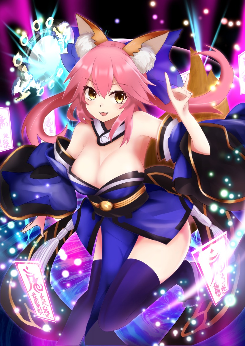 10s 1girl absurdres animal_ears bare_shoulders blue_thighhighs blush bow breasts cleavage detached_sleeves fang fate/extra fate/extra_ccc fate_(series) female_focus fox_ears fox_shadow_puppet fox_tail hair_bow hair_ribbon highres japanese_clothes large_breasts looking_at_viewer mirror moni_(credo) open_mouth pink_hair ribbon solo suiten_nikkou_amaterasu_yanoshisu_ishi tail tamamo_(fate) tamamo_no_mae_(fate/extra) thighhighs yellow_eyes