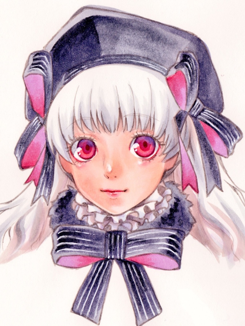 1girl black_hat bow collar commentary_request fate/grand_order fate_(series) frilled_collar frills hat hat_bow highres marker_(medium) nursery_rhyme_(fate) pink_lips portrait red_eyes rukashio smile solo striped_bow traditional_media white_hair