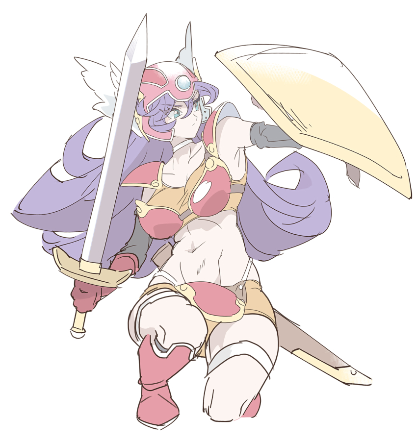 1girl armor bikini_armor blue_eyes dragon_quest dragon_quest_iii full_body helmet highres holding holding_shield holding_sword holding_weapon long_hair purple_hair red_armor red_helmet senjo shield simple_background solo sword warrior_(dq3) weapon white_background