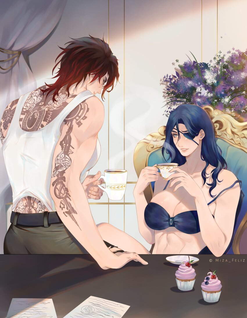 2girls against_table arcane:_league_of_legends arcane_caitlyn arcane_vi arm_tattoo back_tattoo blue_hair bra breasts caitlyn_(league_of_legends) coffee_mug cup cupcake eyepatch flower food highres holding holding_cup knee_up league_of_legends looking_at_another miza_feliz mug multiple_girls muscular muscular_female plant red_hair sitting smile strap_slip table tank_top tattoo teacup underwear vi_(league_of_legends) yuri