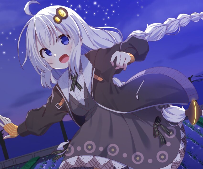 1girl ahoge black_jacket braid breasts chaakusu collared_shirt commentary_request cross_tie dress dynamic_pose gloves grey_dress hair_ornament jacket kizuna_akari long_hair long_sleeves looking_at_viewer low_twin_braids medium_breasts night night_sky orange_gloves outdoors pinafore_dress rice_paddy shirt sky sleeveless sleeveless_dress solo twin_braids utility_pole vocaloid voiceroid white_hair