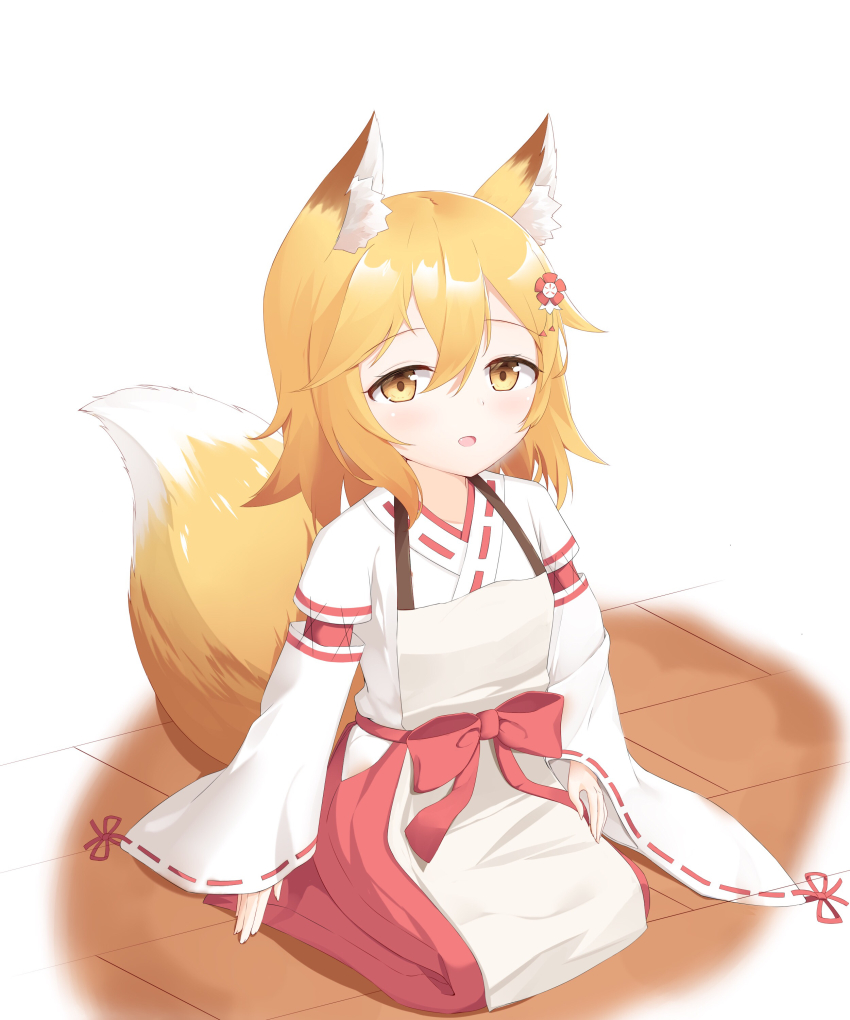 1girl absurdres animal_ear_fluff animal_ears apron blonde_hair brown_apron collarbone commentary_request fang fingernails flower fox_ears fox_girl fox_tail hair_between_eyes hair_flower hair_ornament hakama hakama_skirt highres japanese_clothes kimono long_sleeves looking_at_viewer miko parted_lips red_flower red_hakama ribbon-trimmed_sleeves ribbon_trim roido_(taniko-t-1218) seiza senko_(sewayaki_kitsune_no_senko-san) sewayaki_kitsune_no_senko-san sitting skirt sleeves_past_wrists smile solo tail white_kimono yellow_eyes