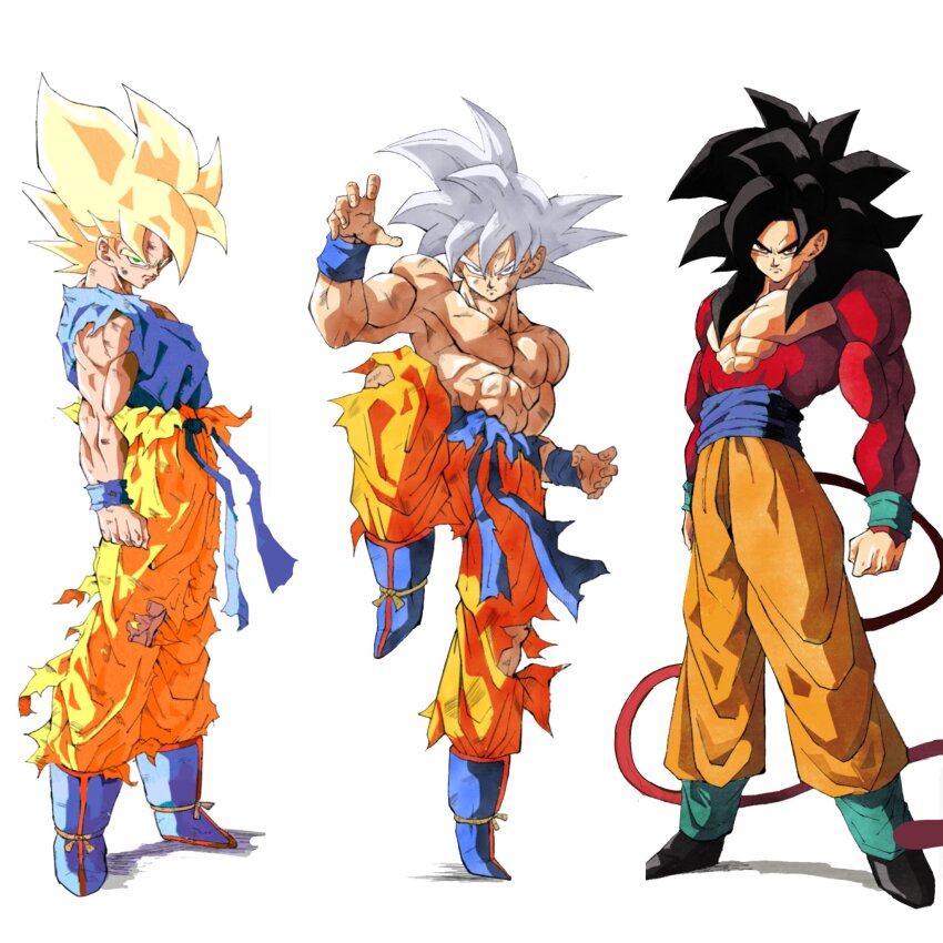 1boy abs black_hair blonde_hair blue_footwear blue_shirt body_fur boots dragon_ball dragon_ball_gt dragon_ball_super dragonball_z fighting_stance green_eyes grey_eyes grey_hair highres long_hair male_focus monkey_tail multiple_views orange_pants pants pato007711 red_fur shirt simple_background son_goku spiked_hair tail topless_male torn_clothes torn_pants ultra_instinct white_background yellow_eyes